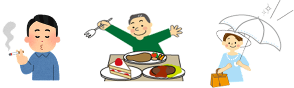 画像:タバコを吸っている男性 暴食をしている男性 日傘をさす女性