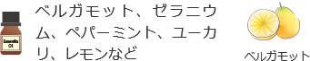 ベルガモット、ゼラニウム、ペパーミント、ユーカリ、レモンなど