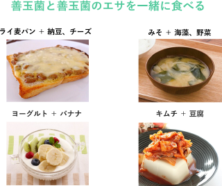 画像:善玉菌と善玉菌のエサを一緒に食べる ライ麦パン+納豆、チーズ みそ+海藻、野菜 ヨーグルト+バナナ キムチ+豆腐