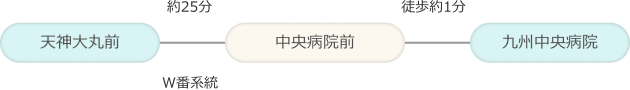 天神大丸前(W番系統)から中央病院前までバスで約25分。中央病院前から九州中央病院まで徒歩約1分。