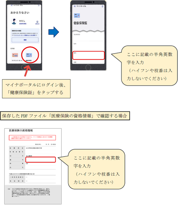 画像:マイナポータルの資格情報画面からの確認方法はマイナポータルにログイン後、健康保険証をタップし、番号に記載の半角英数字を入力してください、このときハイフンや枝番は入力しないでください、保存したPDFファイル医療保険の資格情報で確認する場合は番号に記載の半角英数字を入力してください、このときハイフンや枝番は入力しないでください