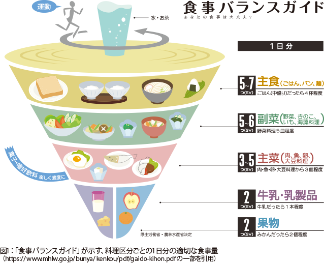 画像:図1 「食事バランスガイド」が示す、料理区分ごとの1日分の適切な食事量