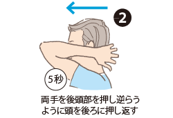 画像:2 両手を後頭部を押し逆らうように頭を後ろに押し返す(5秒)