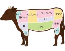 画像:牛の部位 ネック 肩ロース リブロース サーロイン ヒレ ランプ 肩 バラ モモ スネ。
