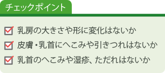 チェックポイント、乳房の大きさや形に変化はないか、皮膚・乳首にへこみやひきつれはないか、乳首のへこみや湿疹・ただれはないか