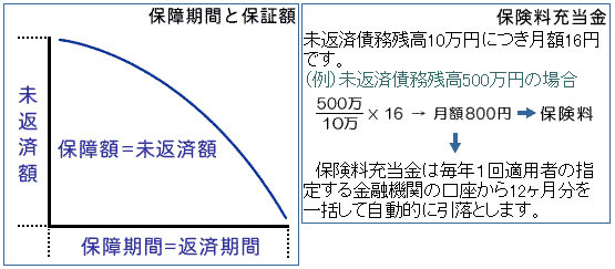 グラフと式:保障期間と保証額、保険料充当金について