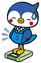 体重計に乗るマスコットキャラクターのイラストです